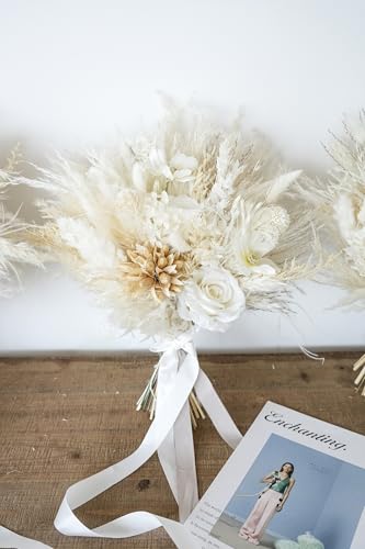 Ramo de boda Beige Pampas con rosas blancas y flores artificiales miniatura 3