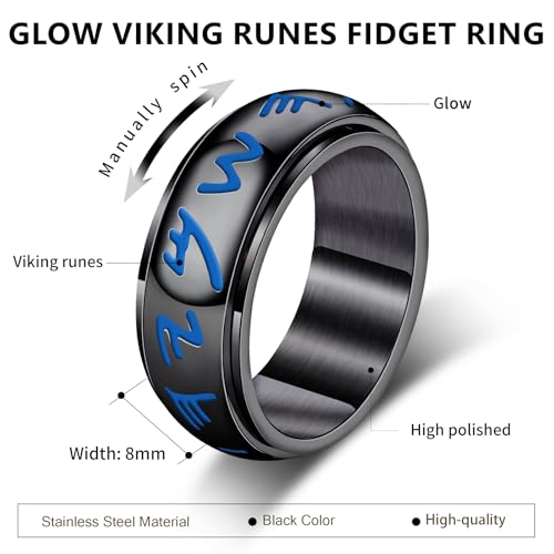 Anxiety Fidget Ring for Men - 8mm Glow-in-the-dark Viking Rune Stainless Steel Rotating Spinner Ring, Stress Relief Norse Symbol Jewelry Gift for Adults (Black, 8) — view 6