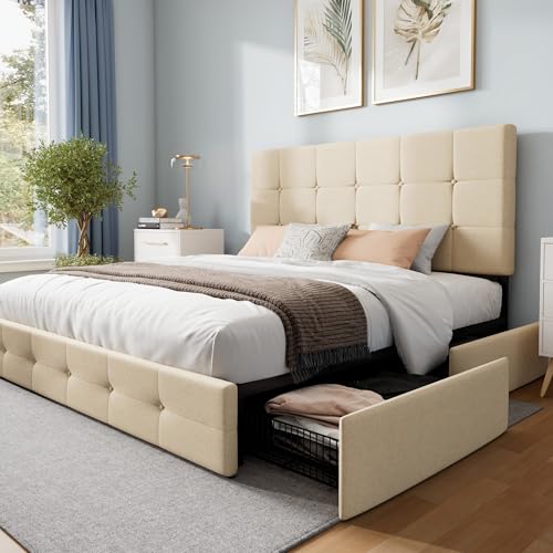 WEEWAY Queen Size Platform Bed Frame with 4 Storage Drawers, Square-Stitch Button Tufted Headboard, Sturdy Wooden Slat Mattress Foundation, No Box Spring Needed, Easy Assembly, Beige