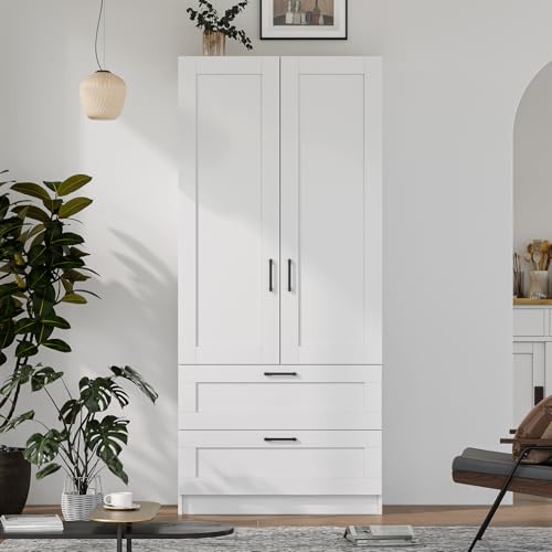 Image of White Tall Kitchen Pantry Cabinet Organizers and Storage with Doors and Drawer and Adjustable Shelves,Wood Large Gabinetes Para Cocina Office Bookshelf for Laundry Room Cabinets (31.5 inchW*15.7 inchD*71 inchH)