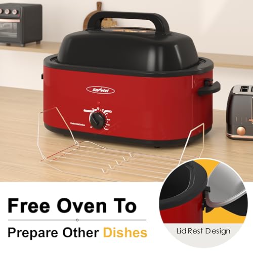 Image of Sunvivi Roaster Oven, Electric Roaster Oven with Viewing Lid, 28lb 24-Quart Turkey Roaster with Unique Defrost /Warm Function, Large Roaster with Removable Pan & Rack, Stainless Steel, Red