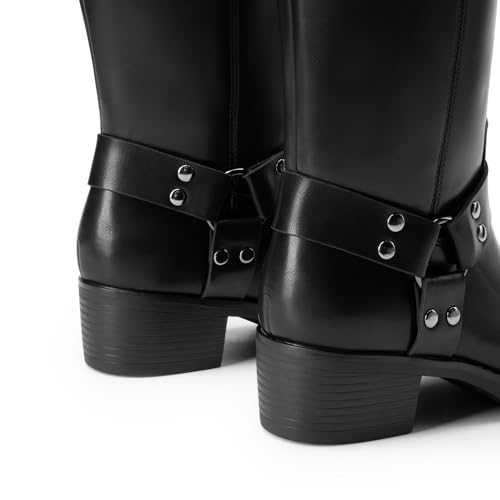DREAM PAIRS DREAM PAIRS Women's Knee High Boots Motorcycle Riding Pull-on Fashion Long Square Toe Buckle Biker Boots for Women,Size 8,Black,DWUMKB2529