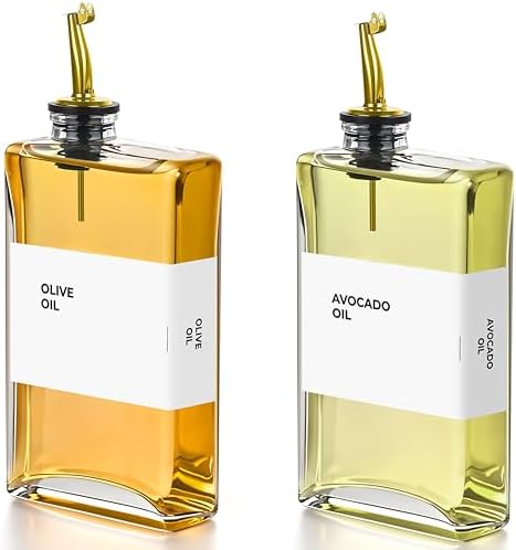 Olive Oil Dispenser Bottle – Includes 48 Kitchen Essential Labels – Cooking Oil Bottles for Kitchen, Coffee Syrup Dispenser – Pourer Spout with 350 mL Glass Container Cruet – 2pcs, Gold