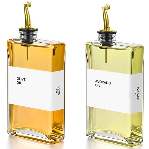 Spaceneat Olive Oil Dispenser Bottle Includes 48 Kitchen Essential Labels Cooking Oil Bottles for Kitchen Coffee Syrup Dispenser Pourer Spout with 350mL Glass Container Cruet 2pcs Gold