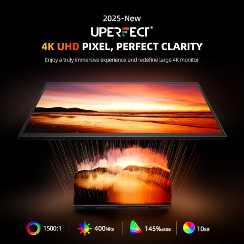 Image of UPERFECT Portable Monitor 4K 24 inch QLED, 400 Nits 145% sRGB Large Monitor | 3840 * 2160 UHD | USB-C & HDMI | VESA & Stand | Second Screen for Computer, Mini PC, Game Consoles
