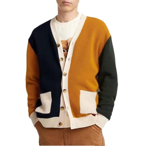 Mens V Neck Contrast Color Knitted Cardigan Long Sleeve Button Lapel Patchwork Pockets Sweater