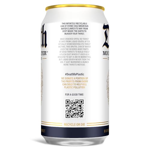 Liquid Death, Still Mountain Water, 12-Pack (12oz Cans), Natural Mountain Source, Infinitely Recyclable Ice-Cold Cans