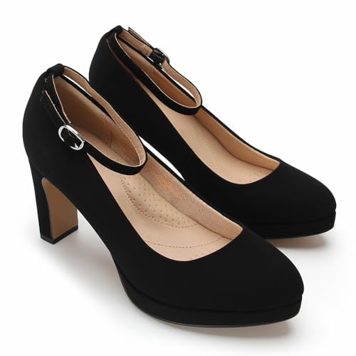 Fashions Black Heels,Vintage Women's Pumps with Adjustable Buckle,Comfortable Block Heels for Women,3.2 Inch, Womens Dress Shoes for Party, Wedding, Work4