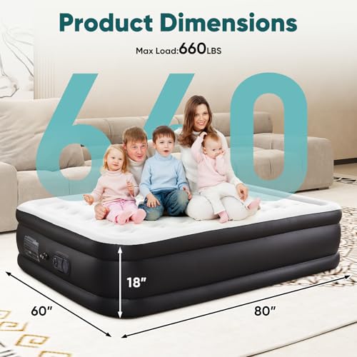 Sweetcrispy Queen Air Mattress - 18" Inflatable Blow Up Airbed with Built-in High Capacity Pump, Double Height, Non-Slip Bottom Design, Weight Capacity 660 lbs Air Bed for Home or Camping