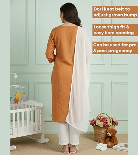 Image of DUMMY SHAPE Pregnancy Dresses for Women Cotton | Floral Maternity Kurta Pant Dupatta Set with Dual Nursing Zippers | Pre & Post Partum | Feeding Kurtis | Baby Shower | Gifts for Pregnant Woman