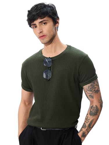 Image of The Souled Store Korean T-Shirts: Men and Boys Short Sleeves Round Neck Solid Regular Fit Easy to Style Everyday Wear Trendy Lightweight T-Shirt