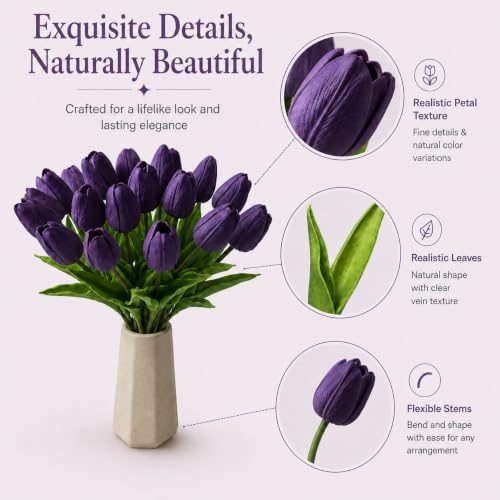 Image of Mandy's 20pcs Artificial Dark Purple Tulips