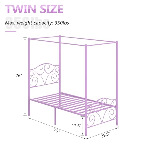 Image of VECELO Metal Canopy Bed Frame Twin Size, 4 Posters Platform Mattress Foundation with Headboard, Heavy Duty Steel Slats Support, No Box Spring Needed, Purple