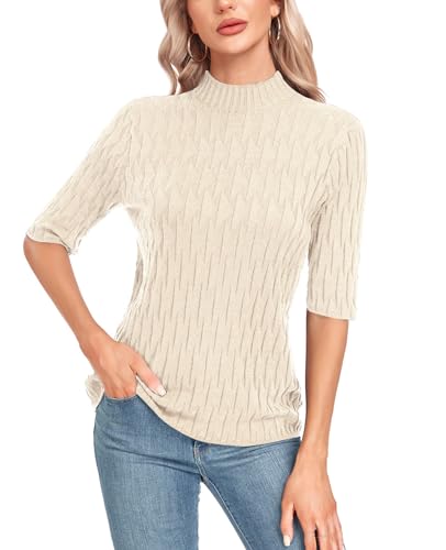 Damen Strickpullover Sommer Frühling Casual Mock Neck Kurze Ärmel Knitted Stretch Sweater Shirt