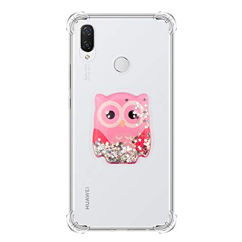 Jorisa Clear Silicone Case for Huawei P Smart Plus/Nova 3i,Ultra Slim Skin with Neck Cord,Cushion Soft TPU Bumper Liquid Glitter Cover with Shiny Cute Animal Pattern,Anti-Yellow Gel Shell,Owl