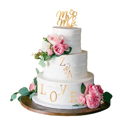 Floruvia Wedding Cake Topper Mr&Mrs Cake Topper con 26 Letras Personalizables Iniciales de Novios (Oro)