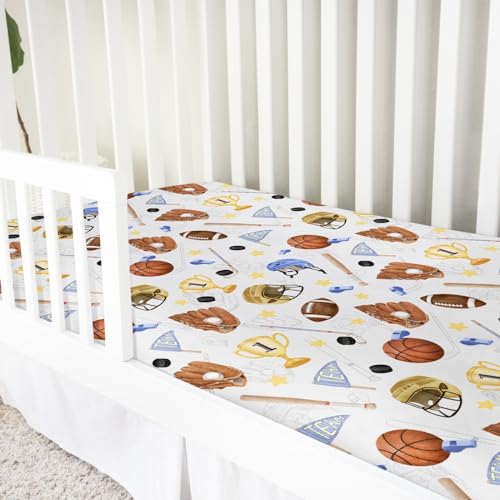 Image of Baby Sports Crib Sheet 52''x28'' American Football Baseball Basketball Stretchy Fitted Mattress Cover for Boy Girl Sports Lovers Gift Soft Sheets for Standard Toddler Mattress
