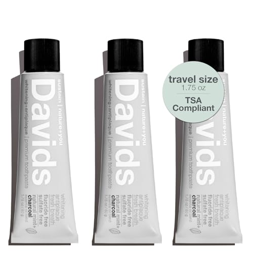 Davids Whitening Charcoal Travel Toothpaste, Antiplaque, Fluoride Free, Peppermint, 1.75 OZ, TSA Approved Travel Size (3 Pack)