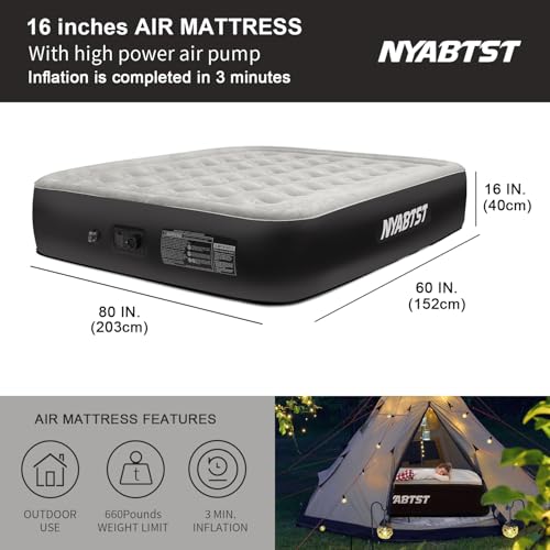 Air Mattress Queen with Built in Pump - 16 Inch Sturdy Blow Up Mattress - 3 Minutes Inflatable Mattress for Home or Camping - Air Bed Max Weight Capacity 660 lbs