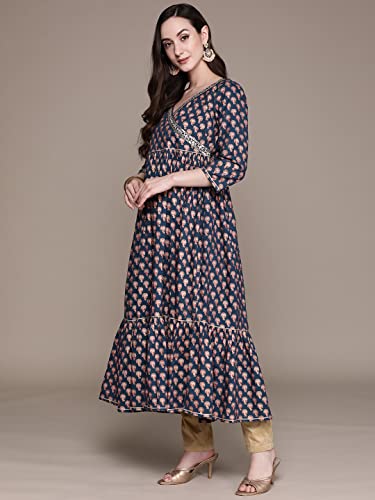 Image of ishin Women's Cotton Navy Blue Embellished Foil Print Anarkali Flared Kurta