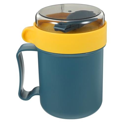 ELAYARD Taza De Leche Portátil Azul 500 Ml Con Tapa y Cuchara, Apta Para Microondas, Con Aislamiento Térmico y Fondo Antideslizante, Adecuado Para Desayuno y Sopa Casa o Trabajo