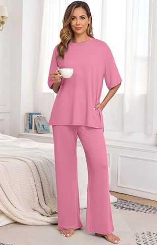 Image of PrinStory Womens Pajamas Sets 2 Piece Lounge Set Short Sleeve Tops and Long Pants Soft Pjs Loungewear with Pockets