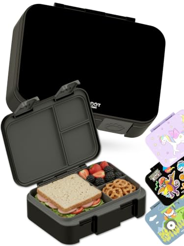 Image of BEARFOOT Kids Lunch Box with Compartments - Compact & Lightweight | Leak-Proof, BPA-Free, Dishwasher Safe | Hand-Drawn Design for Preschool, School, Travel (Black, 2.75 Cups)