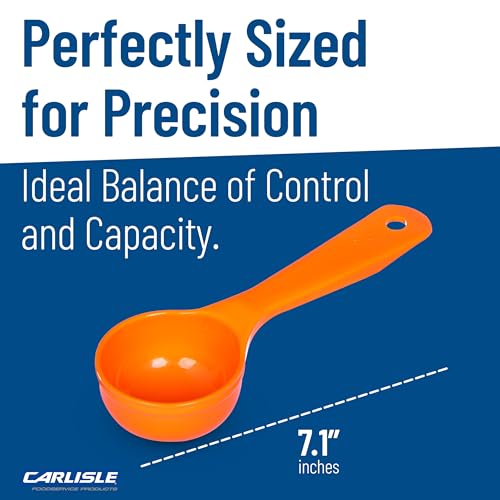 Image of Carlisle FoodService Products 7.10 inch 2.5 Ounce Solid Portion Control Spoon - Flat Bottom - Short Handle, Orange, (Pack of 12)