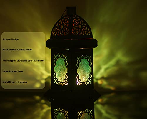 Mandala Craftorious Decorative Antique Brass Finish Vintage Design 9 Inch Hanging Moroccan Lantern & Candle Holder In Blue Glass For Indoor & Outdoor Garden #TOP2