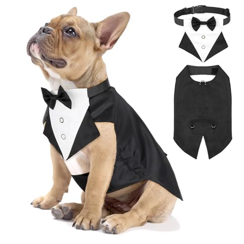 Illumifun Smokinganzug und Bandana-Set, eleganter Hunde-Hochzeitsparty-Anzug mit Fliege, Hemd, Weste, Haustier-Smoking-Kostüm mit abnehmbarem Fliegenkragen (S)