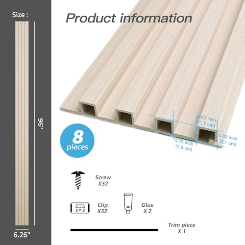 Image of Art3d 96 inch x 6 inch WPC Slat Wall Paneling for Interior Decor, 8-Pack, White Ash