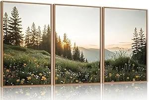 HPNIUB Mountain Canvas Wall Art Set, Framed Forest Nature Wall Decor, 3 Piece Landscape Paintings Artwork, 16x24 Inches Wildflower Pictures for Living Room, Bedroom, Office