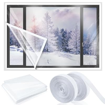 Beeveer 47 Inch x 10 ft Window Insulation Kit Cuttable Transparent Film with Adhesive Straps Reusable Window Plastic for Patio Winterizing Thicken Warm Winter Waterproof Attic Insulation Cover