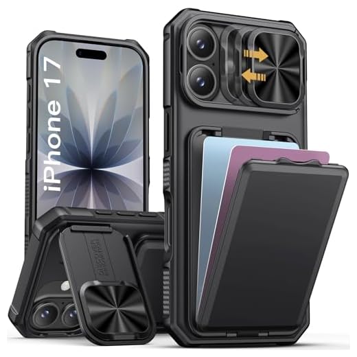 Vihibii Coque pour iPhone 17 Porte Carte (2 à 4 Cartes), Support & Protection Objectif, Béquille pour Caméra et Portefeuille, Silicone Militaire Robuste et Antichocs Étui pour iPhone 17 6,3", Noir