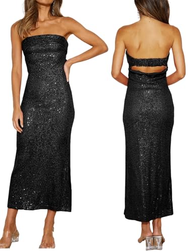 Image of Women Strapless midi Sequin Dresses Bodycon Sleeveless Wedding Guest Sparkly Glitter Formal Cocktail Dress