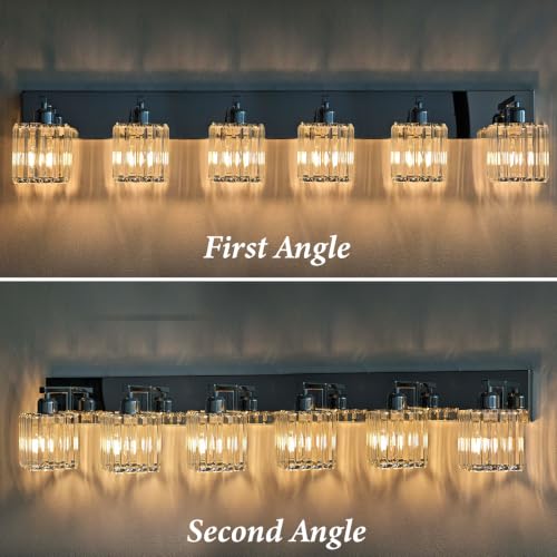 Image of Chrome Crystal Bathroom Vanity Light, 7-Light Modern Bathroom Lighting Fixtures Over Mirror, Matte Chrome Wall Sconce with Square Shade