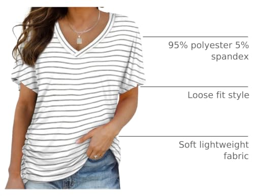 Image of WIHOLL Womens Summer T-Shirts Short Sleeve V Neck Dolman Tops with Side Shirring Loose Fit Shirts Spring Fashion