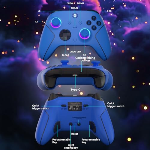 YUYIU Wireless 2.4GHz Controller with 7 Colors RGB Light for Xbox Controller, Xbox One Series X|S,Consoles,Steam PC Windows, with 1000mAh Battery/Dual Vib-ration/Turbo/Programmable, 3.5mm Audio Jack (BLUE) by YUYIU - Image 7