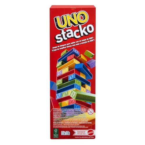 Image of Mattel Games UNO Stacko Game for Kids & Family with 45 Colored Stacking Blocks & Loading Tray, Build & Play, Game Nights & Parties