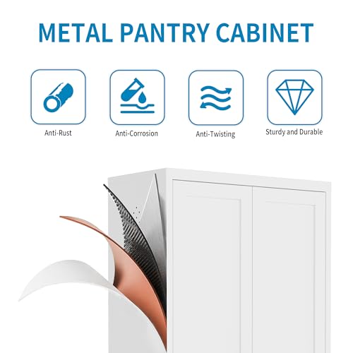 Image of 48 inch H White Steel Pantry Storage Cabinet with 3 Adjustable Shelves, 4-Tier Tall Metal Cabinets for Kitchen, Living Room, Garage, Heavy Duty Freestanding Utility Cabinet, Assembly Required
