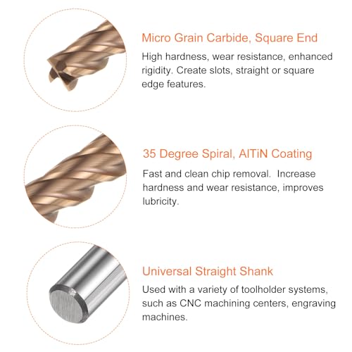 Image of HARFINGTON Micro Grain Carbide Square End Mill 1 /4 inch x 15 /16 inch (6mm x 24mm) Cut 1 /4 inch (6mm) Shank 3 inch (75mm) Length AlTiN Coated 4 Flutes Square Nose Cutter for Alloy Steel Hardened Steel