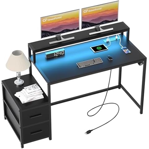 GreenForest Small Desk for Bedroom, 39.4 inch Computer Desk with 2 Drawers, Gaming Desk with LED Light and Power Outlet, Reversible Office Desk with Monitor Stand, Desk for Small Spaces, Black Cover