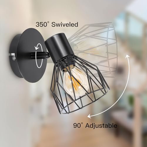 Wall Lights Industrial with E14 Socket Adjustable Wire Cage Wall Light Shade Black Metal Sconce Wall Lamp for Indoor Home Living Room Bedroom Hallway Shop 2 Packs - Image 4