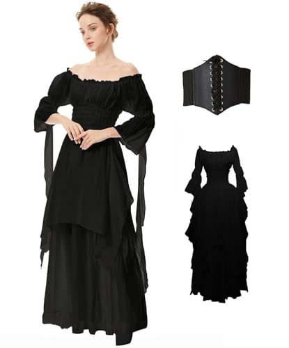 BITSEACOCO Women Medieval Victorian Off Shoulder Dress Gothic Puff Sleeve Irish Chemise Dresses Renaissance Costume High Low Long Skirts (M Black)