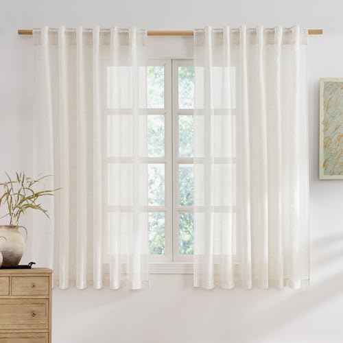 NICETOWN Sheer Linen Curtains 63 Inch Length for Bedroom Living Room 2 Panels,Ivory Rod Pocket & Back Tab Semi Sheer Drapes Privacy Semitransparent Fa