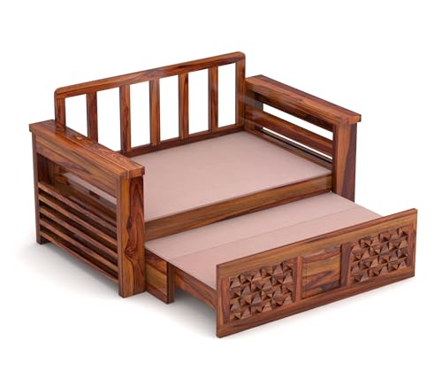 Image of Solid Wood Sofa Cum Bed for Living Room | Modern Wooden Pull-Out Diwan Bed with Cushioned Seating | Convertible 2 Seater Sofa Bed for Home & Guest Room (Honey Finish)