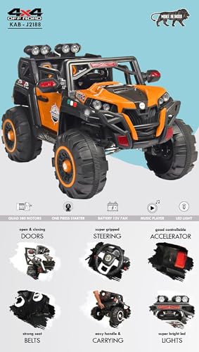 Image of Driving EV Cars for 1, 2, 3, 4, 5, 6 Years | Remote + Steering + Mobile App Control | Kids Jeeps (Jumbo Size KAB2188 [1-8 Year Kids], Orange)