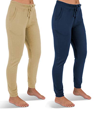 Sexy Basics Women's 2 Pack Soft French Terry Fleece Jogger Sweatpants (2 Pack- Warm Sand/Sailor Blue, Medium)