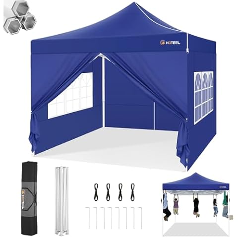 Hoteel Canopy 10x10 Heavy Duty Pop Up Canopy Tent with 4 Sidewalls,UPF50+ and Waterproof 1500mm,3 Height Adjustable,Upgraded Hexagonal Pipe,Commercial Instant Tent,for Parties,Backyard,Deep Blue Cover