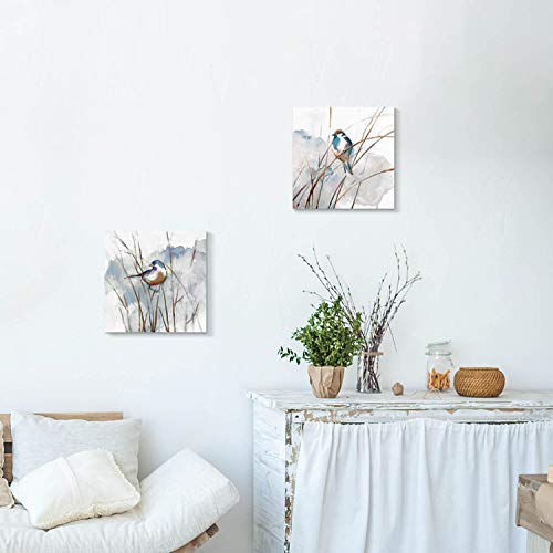 Abstract Picture Bird Wall Art: Animal Birds On Reed Watercolor Artwork Prints On Canvas For Bedroom (12” X 12” X 2 Panels) #TOP3